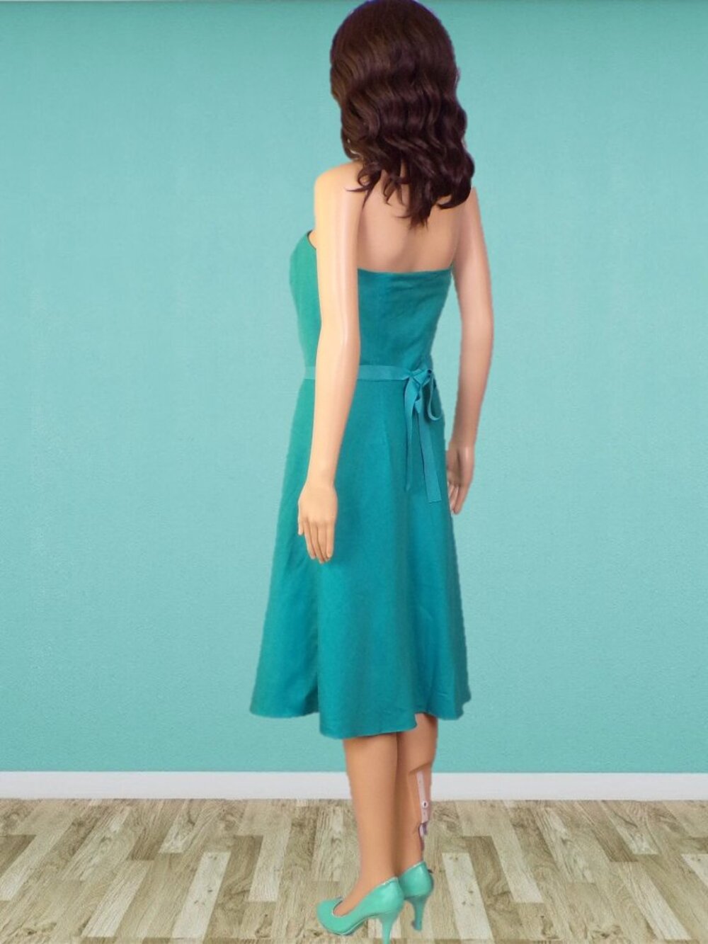 ANN TAYLOR size 8 teal-green OTS fit/flare party/cocktail dress cotton/silk - Picture 6 of 15